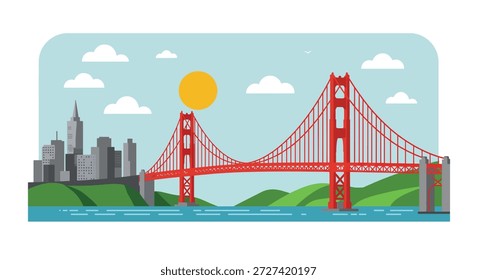 Eine flache Landschaft von San Francisco mit seiner berühmten roten Hängebrücke, Wolkenkratzern und sanften grünen Hügeln unter einem sonnigen Himmel.
