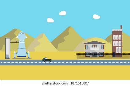 Un paisaje de diseño plano. Lanzamiento de nave espacial en el desierto. Ilustración vectorial.