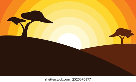 Flaches Design Landschaft mit Sonnenuntergang oder Sonnenaufgang Blick auf Savanne mit Schicht von Hügel und Baum auf jeder Seite warme Aussicht