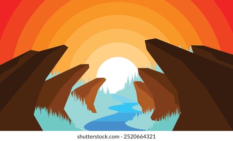 flat design landscape with sunset and warm feel of pointy rock formation with a river in the middle warm feel