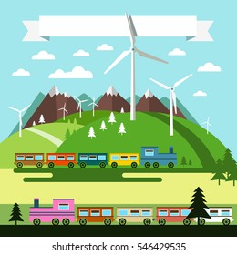 Flat Design Landscape with Trains and Wind Mills