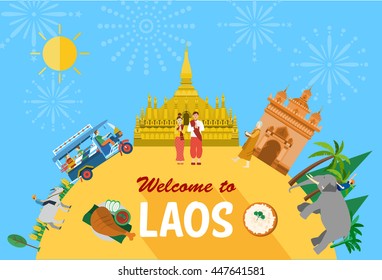 Flat design, Laos landmarks and icons