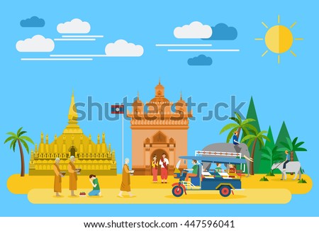 Flat design, Laos landmarks and icons