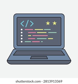 Flat design laptop with coding interface and success metrics.