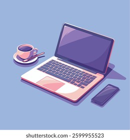Flat Design of a Laptop, Coffee Cup, and Smartphone on a Blue Background