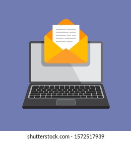 Flat Design Of Laptop With Envelope And Document On Screen. Getting Or Send New Letter. E-mail, Email Marketing, Internet Advertising Concepts In Trendy Style. Vector Illustration.