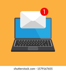 Flat design of laptop with envelope or document on screen. Getting or send new letter. E-mail, email marketing, internet advertising concepts. Vector illustration.	