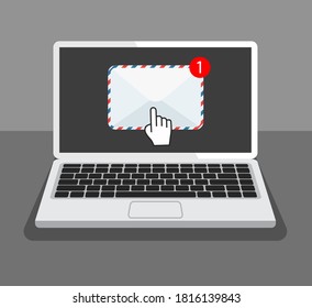 Flat design of laptop with envelope or document on screen. Getting or send new letter. E-mail, email marketing, internet advertising concepts. Vector illustration.