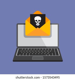 Flat design of laptop and envelope with a virus. Hacking mail or computer. Getting a pirated or infected letter. Vector illustration. Isolated.