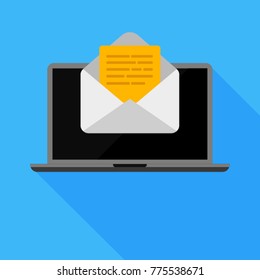 Flat design of laptop with open envelope with a letter. Getting or send new letter. Vector illustration. Isolated