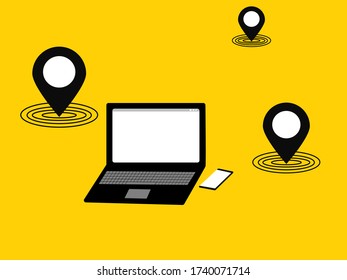 Flat design laptop And smartphone device location internet check in icon, network equipment isolated yellow background, technology data connection access empty screen copy space, vector illustration