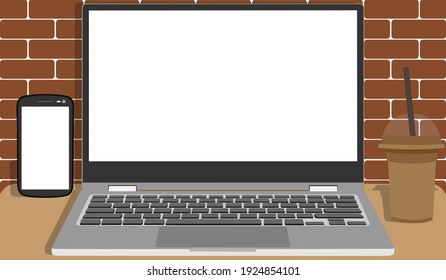 Flat design laptop and smartphone on brick wall background for copy space , advertisement , announcement and other , Empty whiteboard with marker pens. copy space mockup template display