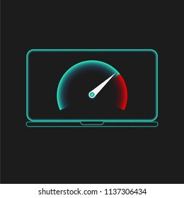 Flat design of laptop with speed test on a screen. Isolated vector illustration on black background.
