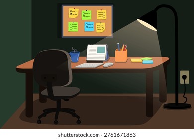 Flat design late night workspace with tablet, keyboard, mouse and stylus on desk with sticky notes and office supplies. Modern home office scene with warm lamp lighting, focused on planning, productivity, study and task management.