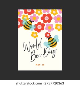 Flat design layout cute bee illustrations arranged for World Bee Day on May 20. Bright playful composition for educational posters, social media, campaigns, environmental awareness materials