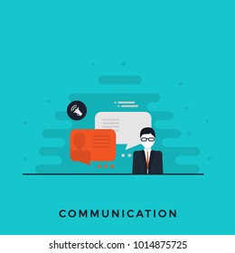 Flat Design Leadership Concept. Communication Skills. Businessman Character with Different Icons. Vector Illustration