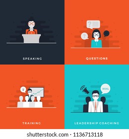 Flat Design Leadership Concept Set. Coaching, Training, Coach in front of Audience, Coach with Loudspeaker, 