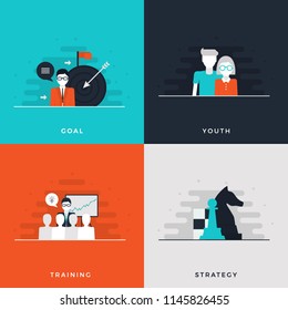 Flat Design Leadership Concept Set. Business Strategy. Chess Figures and Chessboard. Coaching, Training, Coach in front of Audience, Goal Achieve, Target and Arrow, Youth