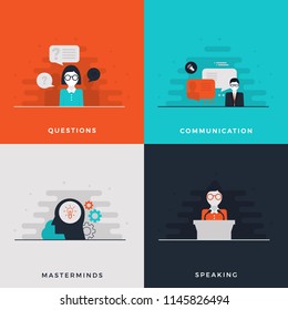 Flat Design Leadership Concept Set. Masterminds. Brain with Bright Idea.  Communication Skills.