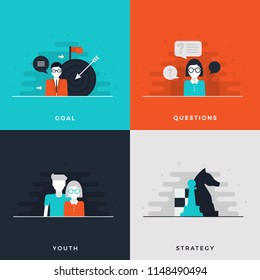 Flat Design Leadership Concept Set. Business Strategy. Chess Figures and Chessboard. 