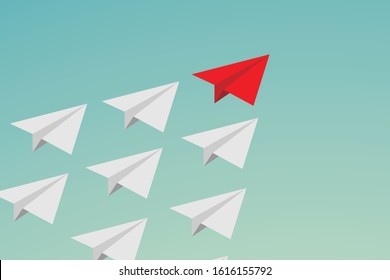 Flat design Leadership teamwork and courage concept. red paper plane and many white ones on sky