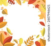 Flat Design Leafy Frame in Square Shape with Various Autumn Leaves Surrounding a Transparent Center. Ideal for Seasonal Designs, Invitations, or Backgrounds.