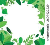 Flat Design Leafy Frame in Square Shape with Various Green Leaves Surrounding a Transparent Center. Ideal for Nature-Themed Designs, Invitations, or Backgrounds.
