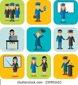 Flat design learning concept for education with graduates, teachers. Set of education concept with graduates, teachers, pupil, students in graduation gown and mortarboard 