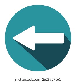 Flat design left arrow icon. Teal circular button with white arrow and long shadow. Back, previous, or navigation symbol for web, app.