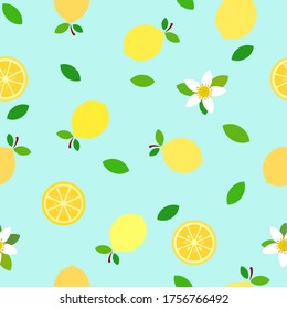 Flat design, lemons illustration with flowers and sky blue background colorful seamless pattern