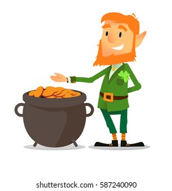 flat design  leprechaun character on St Patrick's Day with red beard, pot of gold and smile