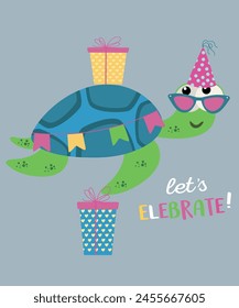 Flat Design Let's Celebrate Illustration with Turtle Wearing Party Hat,Presents