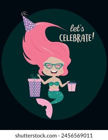 Flat Design Let's Celebrate with Mermaid at Sunglasses, Party Hat,Presents