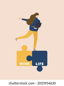Flat design of ‘work life balance’ concept, business working woman is trying to balance between work and life. Jigsaw puzzle connected work and life. Woman’s holding laptop wearing navy sweater.