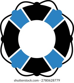 A flat design life preserver icon featuring blue and black colors, emphasizing safety and rescue themes. The circular shape with white inner space and black straps highlights a clear, modern visual style suitable for educational or informational materials.