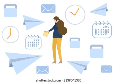 Flat design of ‘work life concept’ vector on white background, busy working woman with office tasks, overwhelming business woman with many jobs to do, 
