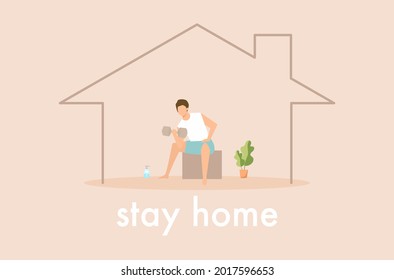 Flat design of a man’s lifting weight in the house during COVID-19 situation to protect himself.