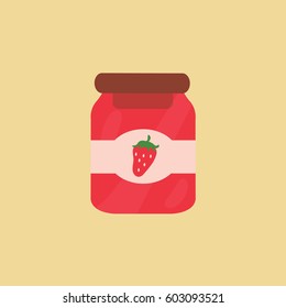 flat design with a light brown background with one single can fruit illustration or tasty transparent jar with strawberry clean modern jam Vector isolated & label