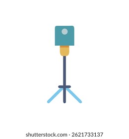 A flat design light on a tripod stands alone. Light blues and tan against pure black.