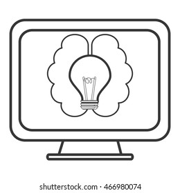 flat design lightbulb and brain on computer screen icon vector illustration