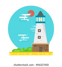 Flat design of lighthouse on a beach illustration vector