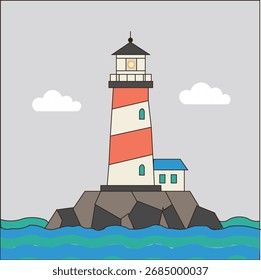 Farol de design plano na ilustração de vetor da costa rochosa