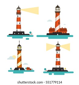 Flat Design Lighthouse. Vector Lighthouses Set Isolated on White Background.