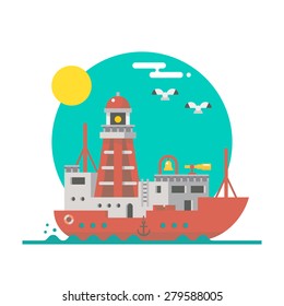 Flat design of lightship sailing illustration vector