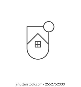 flat design of Line Art House with moon or sun for logo icon or company symbol in black white color