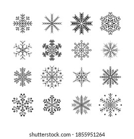 Flat design line black snowflakes Christmas and New Year decoration element set. Nice element for Christmas banner, postcards. Winter snow flakes crystal element. Vector illustration.