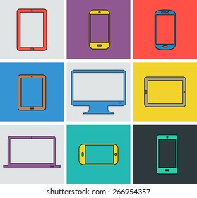 Flat design line colored modern electronic gadgets
