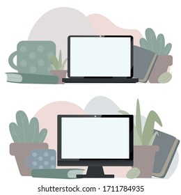 Flat Design Line of e-learning banner, online education. Monitor of computer, laptop. Modern vector illustration for web design, marketing, advertising,  printed materials.