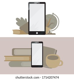 Flat Design Line of e-learning banner, online education. Modern vector illustration for web design, marketing, advertising,  printed materials. Concept online education on mobile.