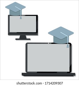 Flat Design Line of e-learning banner, online education. Modern vector illustration for web design, marketing, advertising,  printed materials. Concept online education on computer, notebook.
